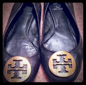Black Leather Tory Burch Flats